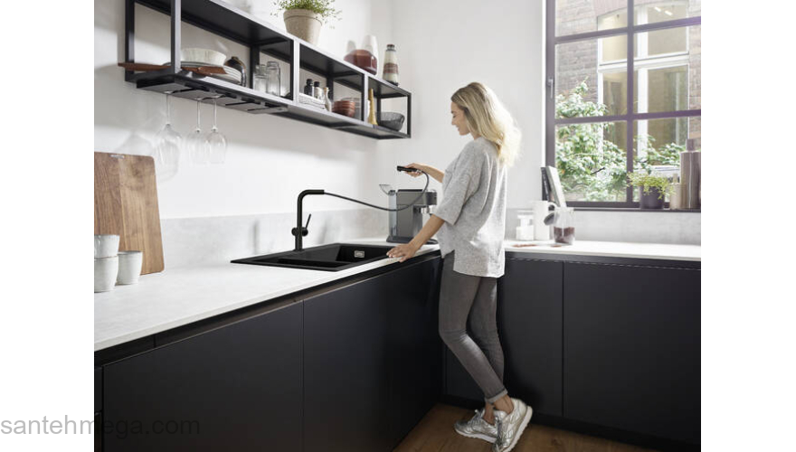 Кухонный смеситель однорычажный, 270, с вытяжным изливом, 1jet, sBox Hansgrohe 72809670, матовый черный. Фото