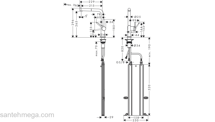 Кухонный смеситель однорычажный, 270, с вытяжным изливом, 1jet, sBox Hansgrohe 72809670, матовый черный. Фото